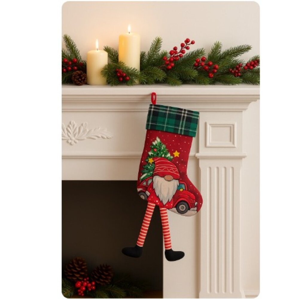 Adorable Whimsical 3D Gnome Christmas Stocking with Hanging Legs NEW
